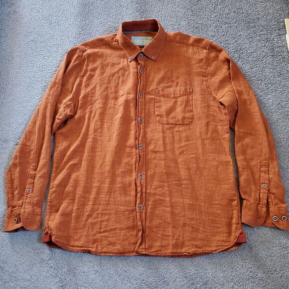 32 Bar Blues Shirt Mens Large Orange Button Up Linen - Picture 2 of 9